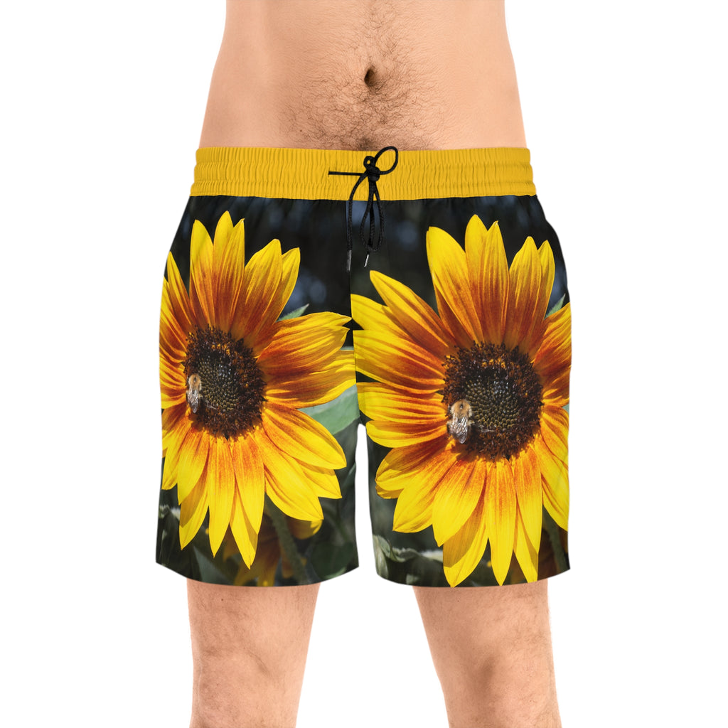 Sunflower Print Swim Shorts — Men’s Beach Trunks with Bold Yellow Floral AOP