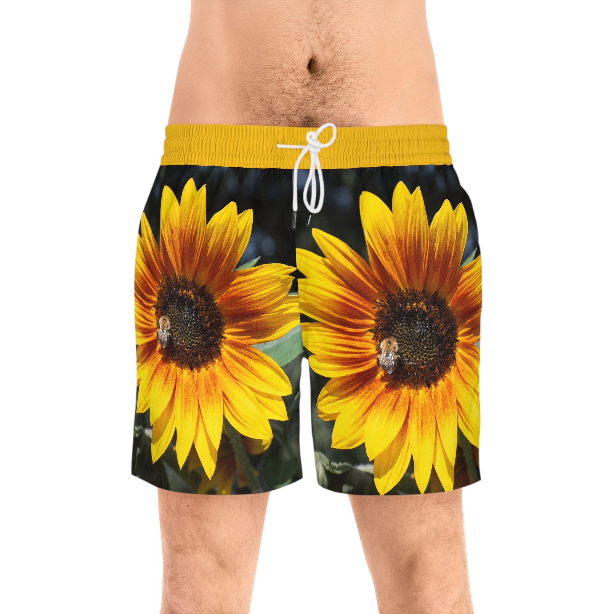 Sunflower Print Swim Shorts — Men’s Beach Trunks with Bold Yellow Floral AOP