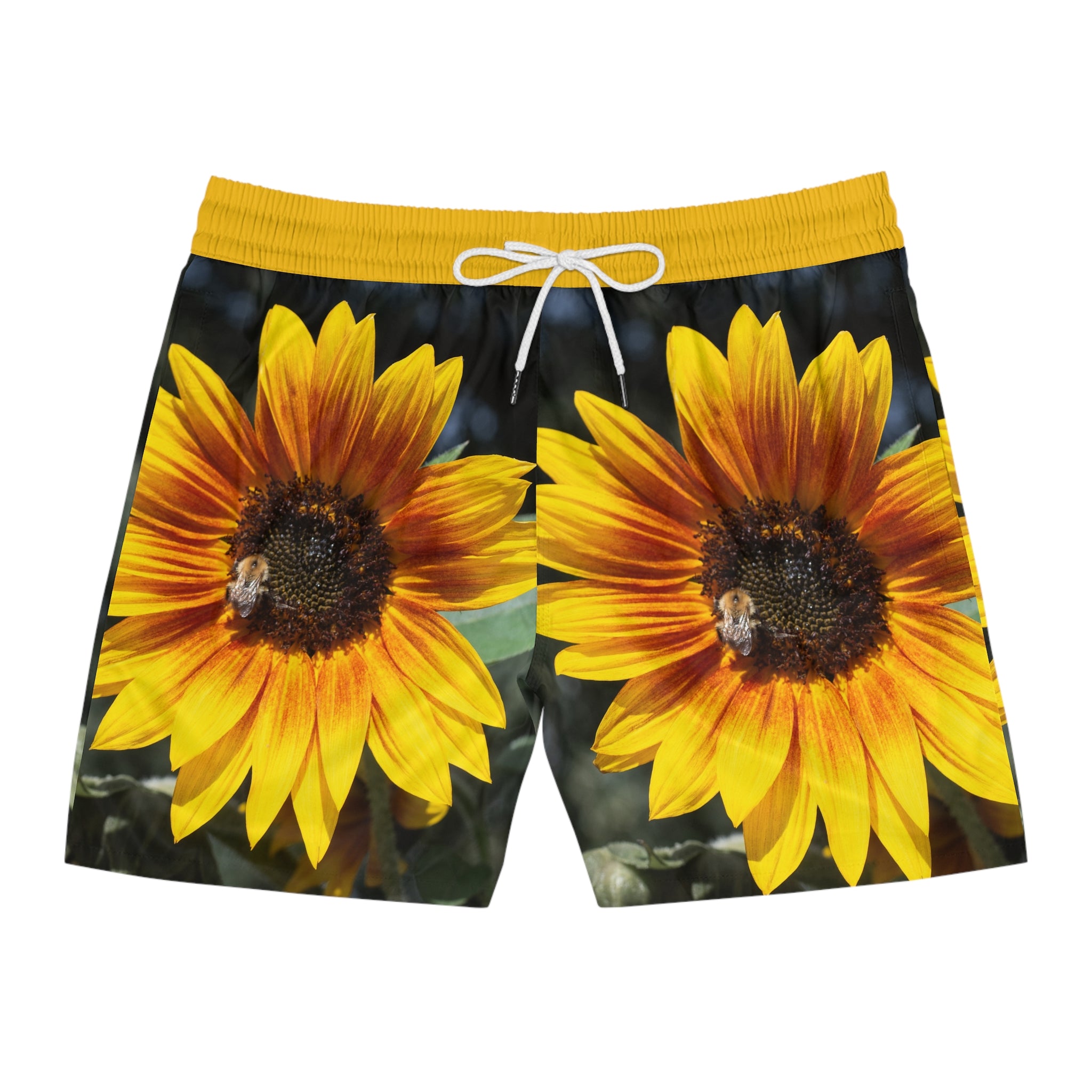 Sunflower Print Swim Shorts — Men’s Beach Trunks with Bold Yellow Floral AOP