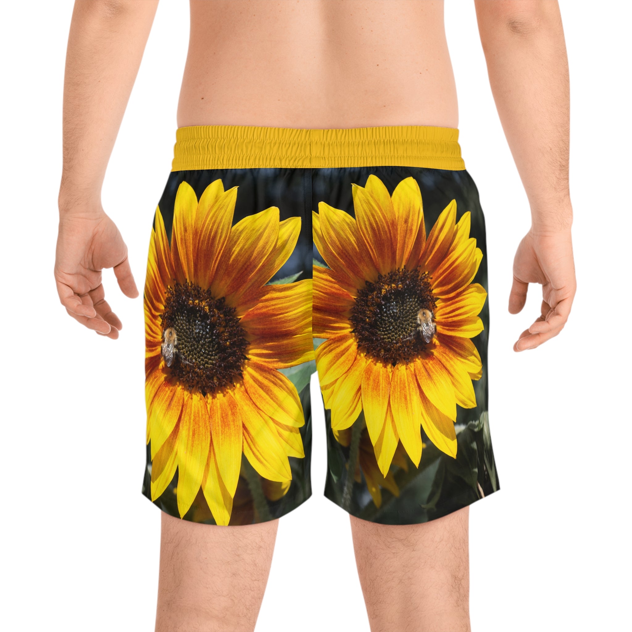Sunflower Print Swim Shorts — Men’s Beach Trunks with Bold Yellow Floral AOP