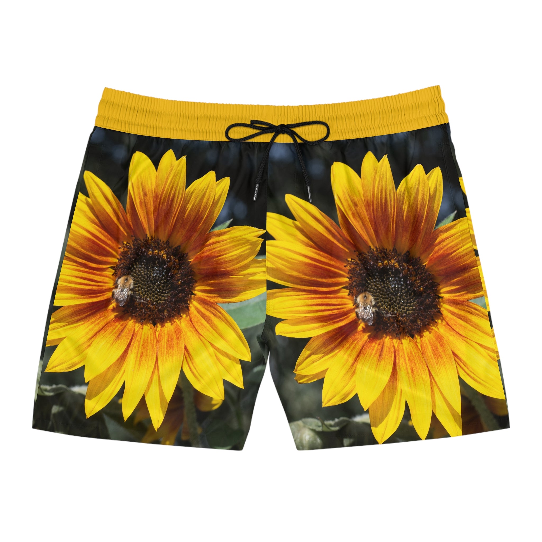 Sunflower Print Swim Shorts — Men’s Beach Trunks with Bold Yellow Floral AOP